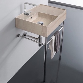 Console Bathroom Sink Beige Travertine Design Ceramic Console Sink and Polished Chrome Stand, 24